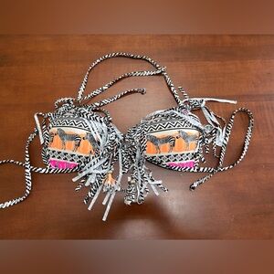 La Vie En Rose Zebra Print Fringe Bikini Top - Orange & Pink ladies medium